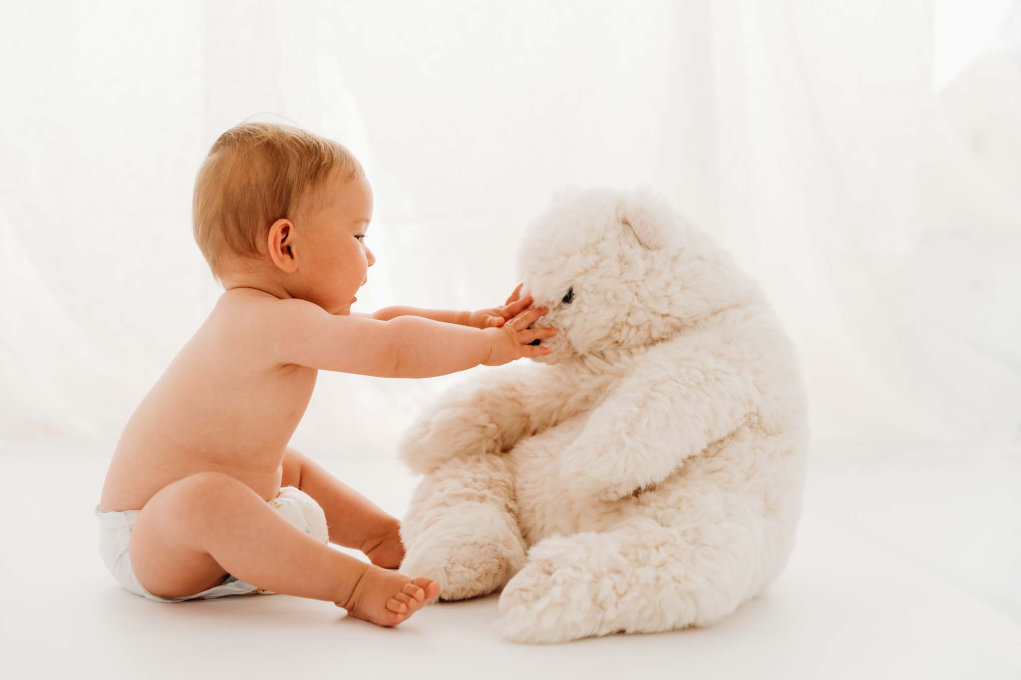 Baby greift großen Teddybär an die Nase beim Babyshooting